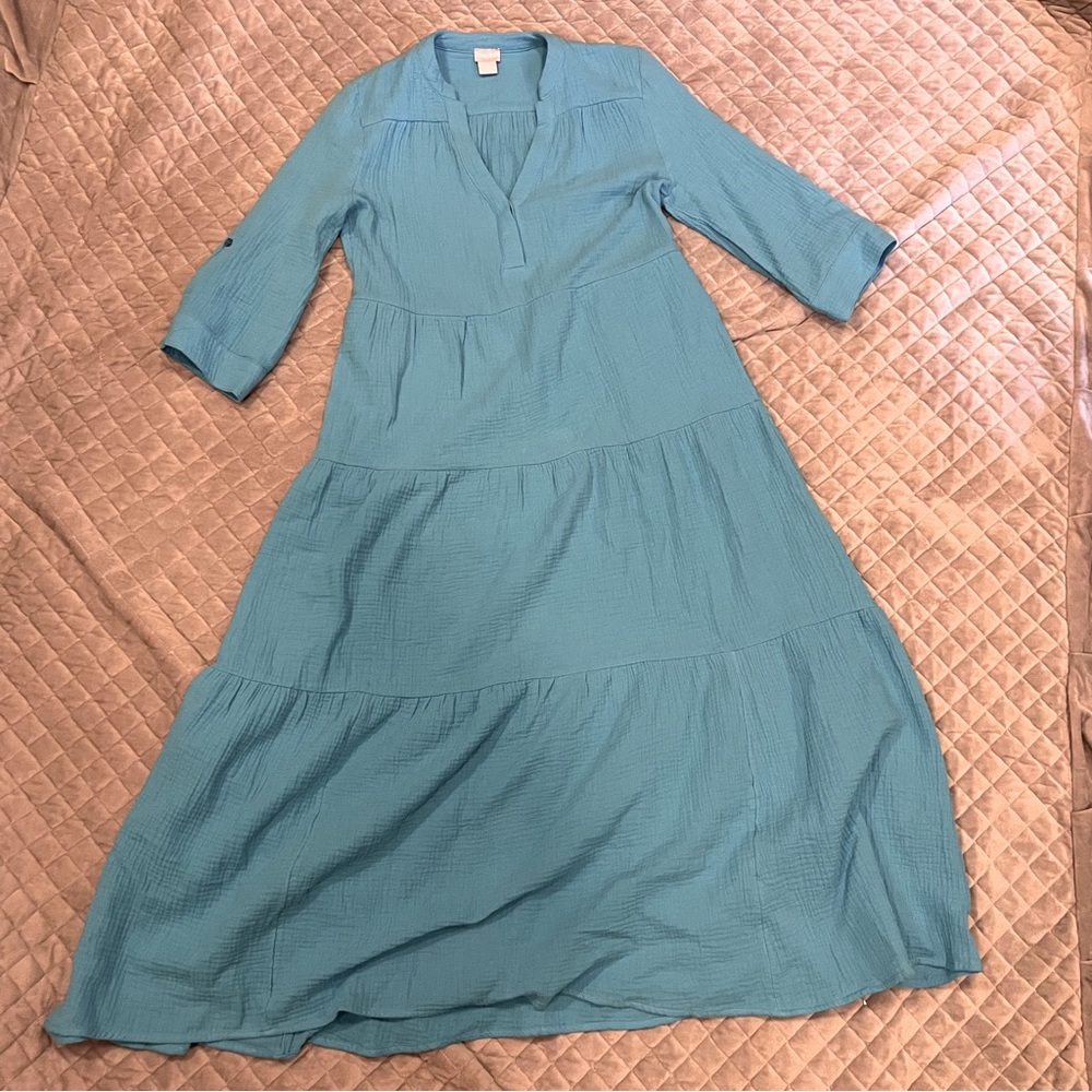 NWOT Chicos Blue Short Sleeve Flowy Mid/Maxi Dress Size S 4-6